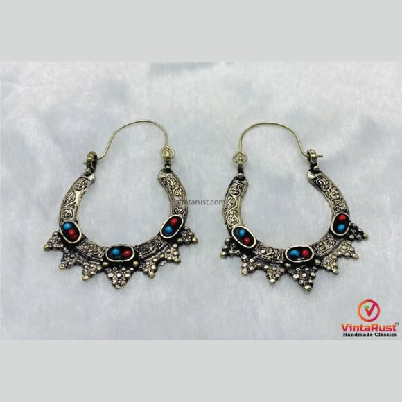 Silver Antique Hoop Earrings: Handmade Statement Boho Jewelry - Picture 2 of 5